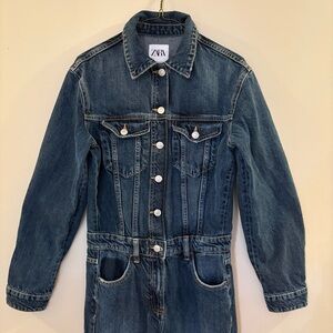 Zara Women's Dark Blue Denim long Romper Sz XS, may fit S, like new